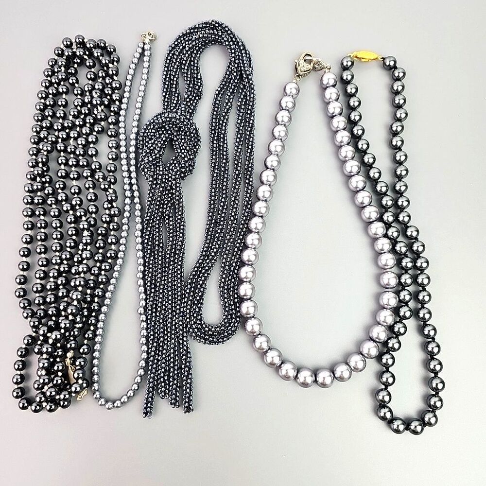 Vintage 5 Gray Grey Necklace Bead Lariat Multi Strand Sizes Long Short